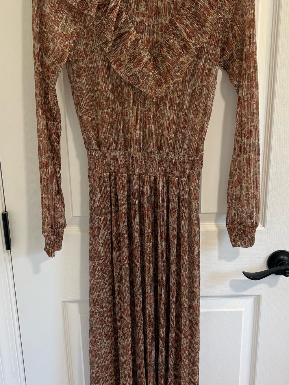 Ted Baker Brown Rust Printed Long Sleeve Pleated Maxi Dress